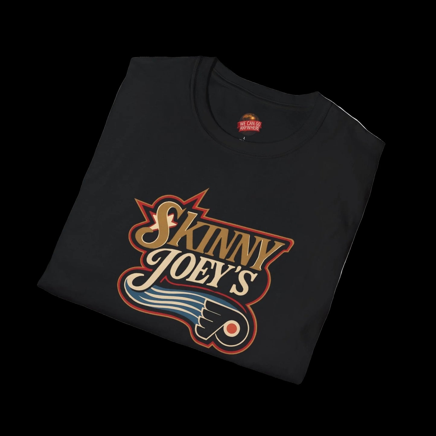 Folded black t-shirt with 'Skinny Joey's' logo on a white background