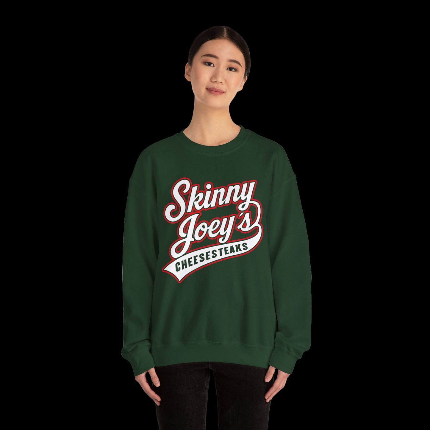 Person wearing a green sweatshirt with 'Skinny Joey's Cheesesteaks' text on a white background