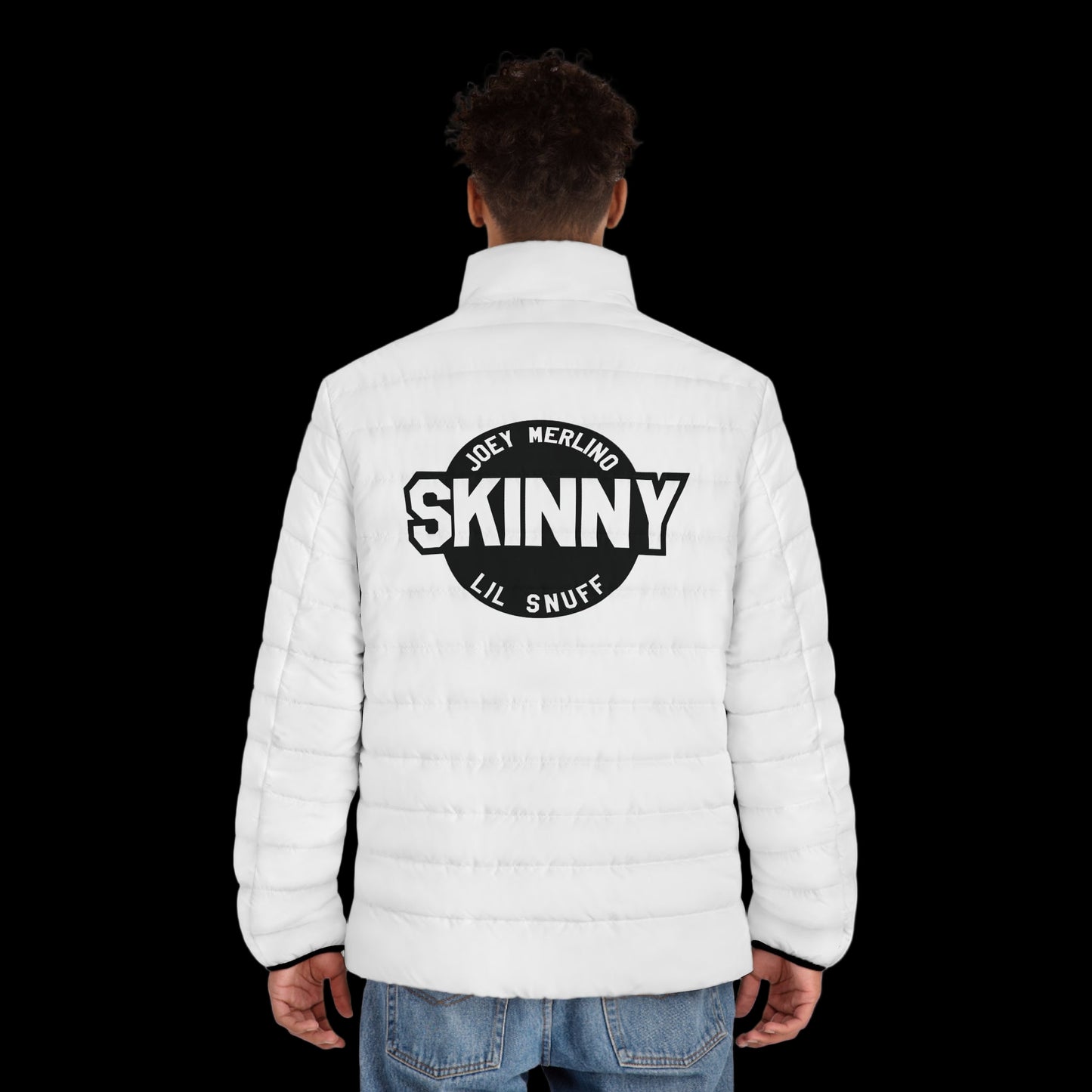 Men's White Puffer Shirt - Red Script Sleeve Lightweight Quilted Jacket