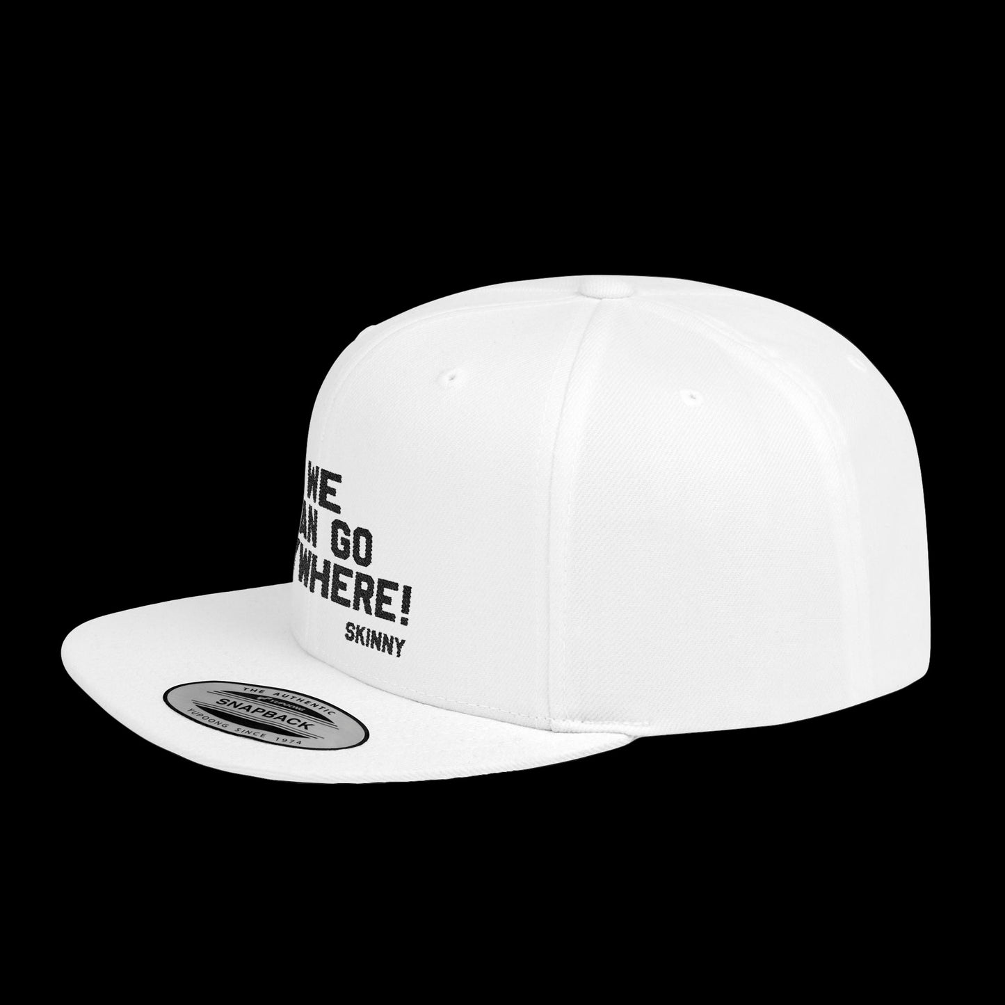 White cap with text on a black background