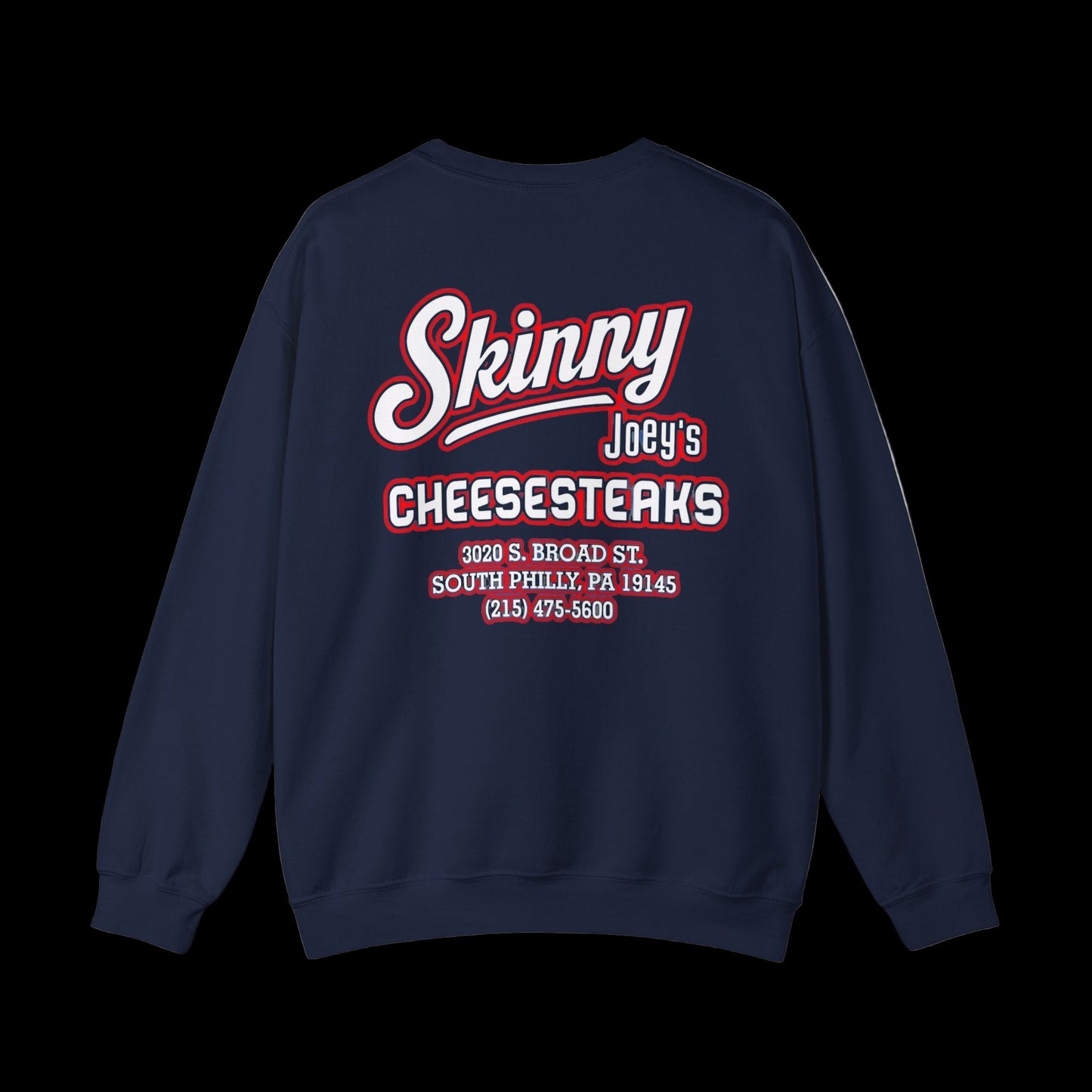 Navy blue sweatshirt with 'Skinny Joey's Cheesesteaks' text on a white background
