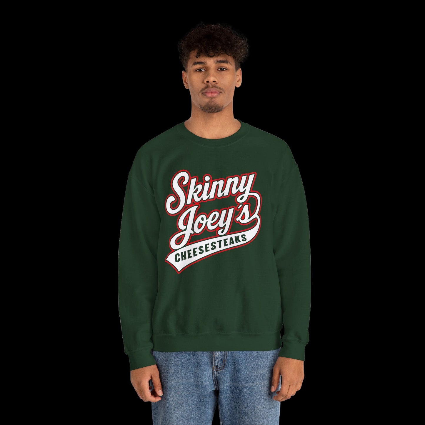 Person wearing a green sweatshirt with 'Skinny Joey's Cheesesteaks' text on a white background