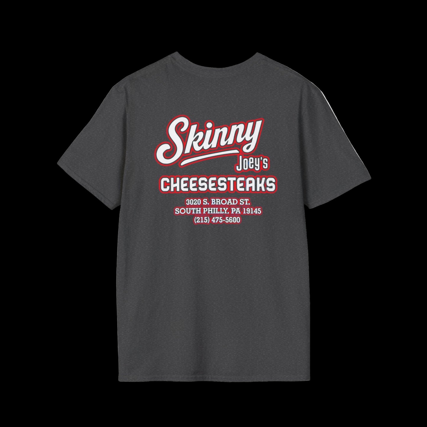 Black t-shirt with red and white text on a white background
