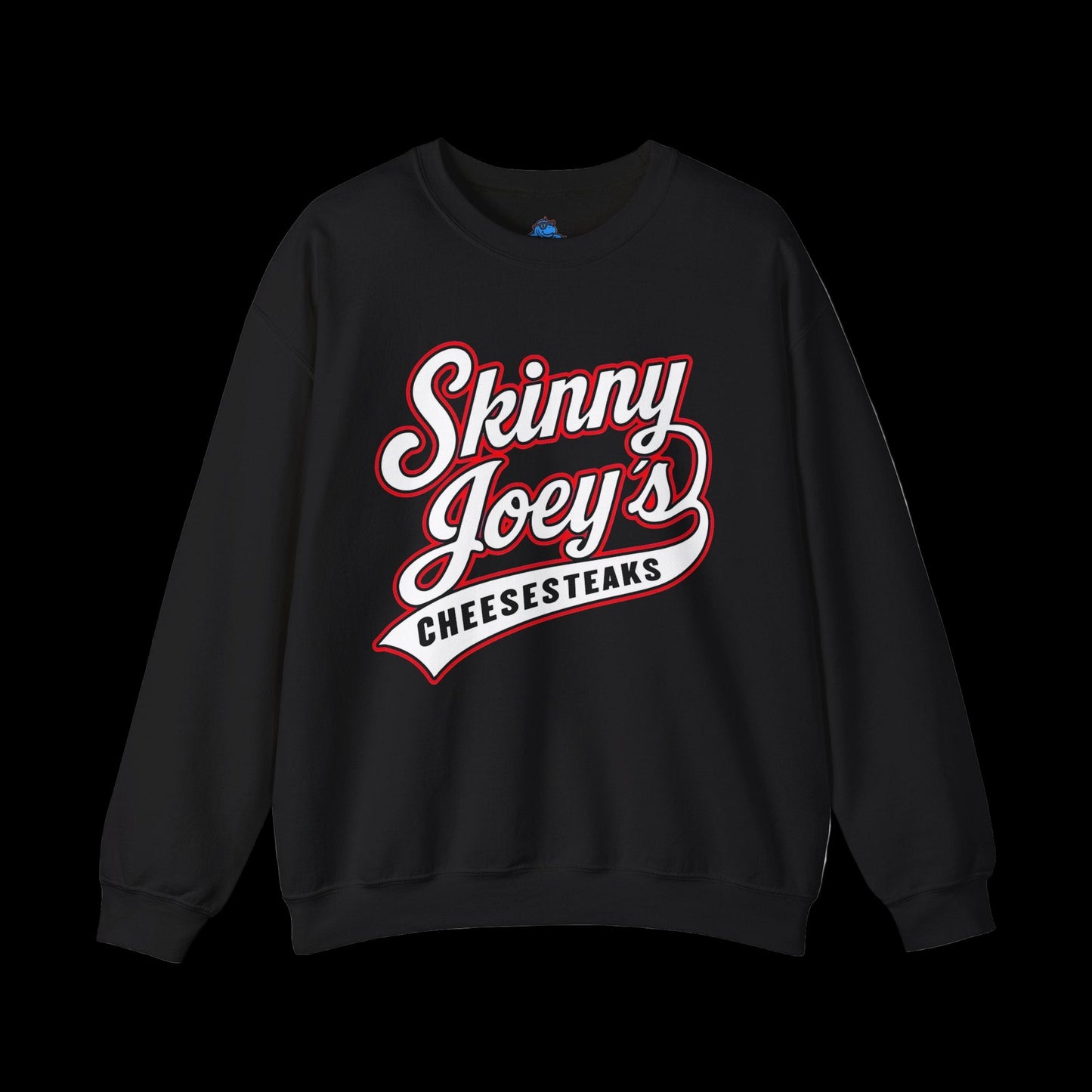 Black sweatshirt with 'Skinny Joey's Cheesesteaks' text on a white background