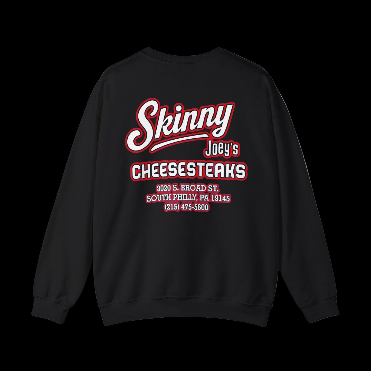 Black sweatshirt with red and white text on the back