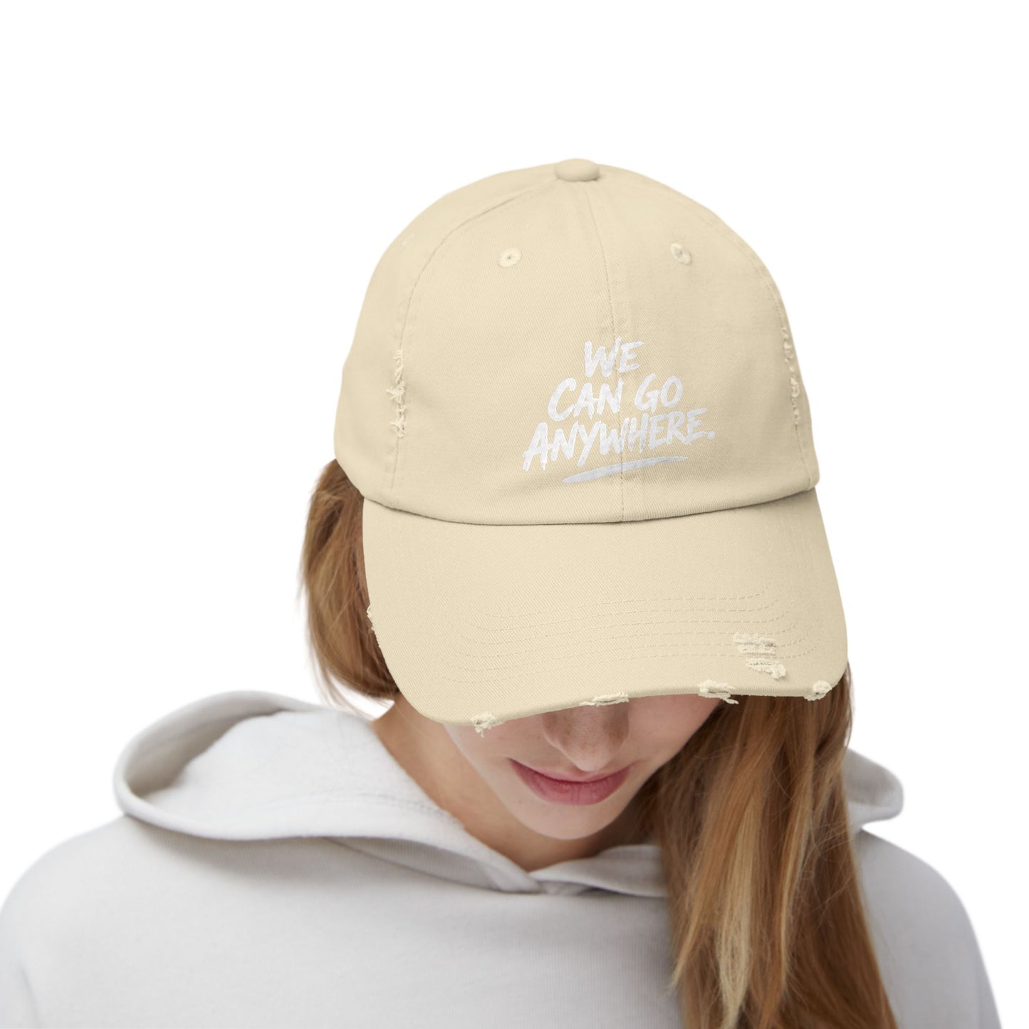 Distressed Baseball Cap — "We Can Go Anywhere" Embroidered Travel Hat