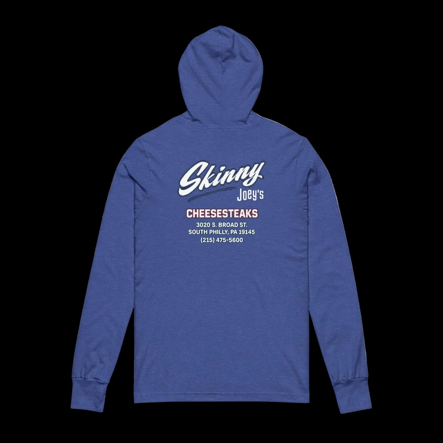 Blue hoodie with white text on a black background