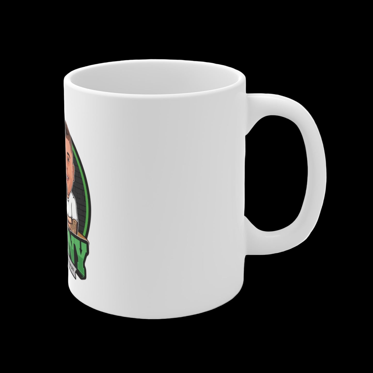 White mug with a cartoon character on a white background