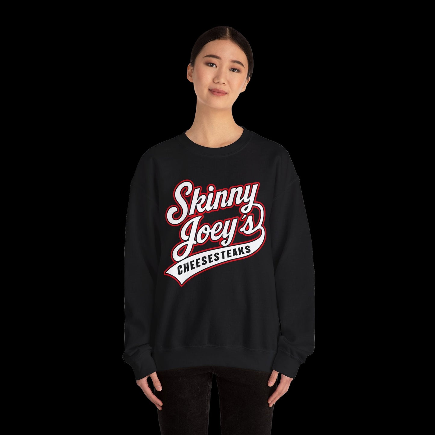 Person wearing a black sweatshirt with 'Skinny Joey's Cheesesteaks' text on a white background
