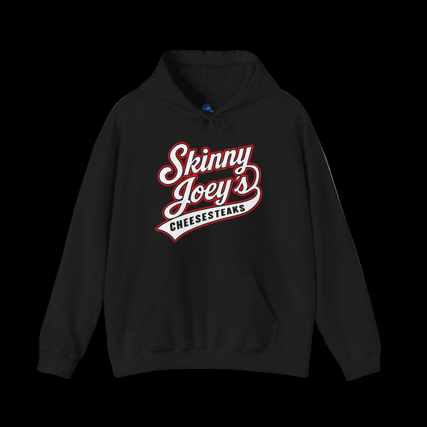 Black hoodie with 'Skinny Joey's Cheesesteaks' text on a black background