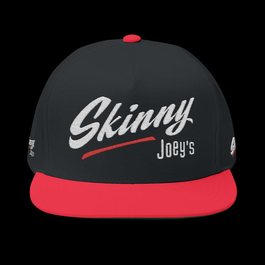 Black and red cap with 'Skinny Joey's' text on a black background
