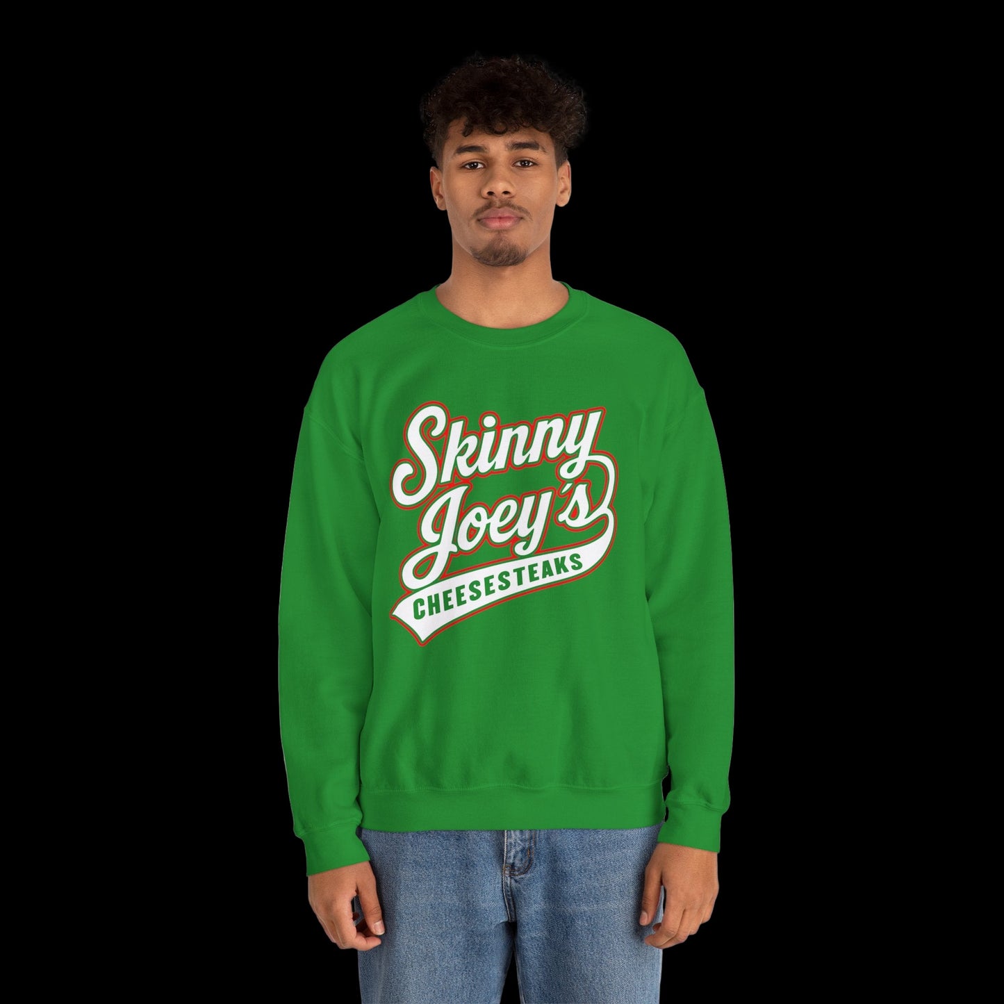 Person wearing a green 'Skinny Joey's Cheesesteaks' sweatshirt on a white background
