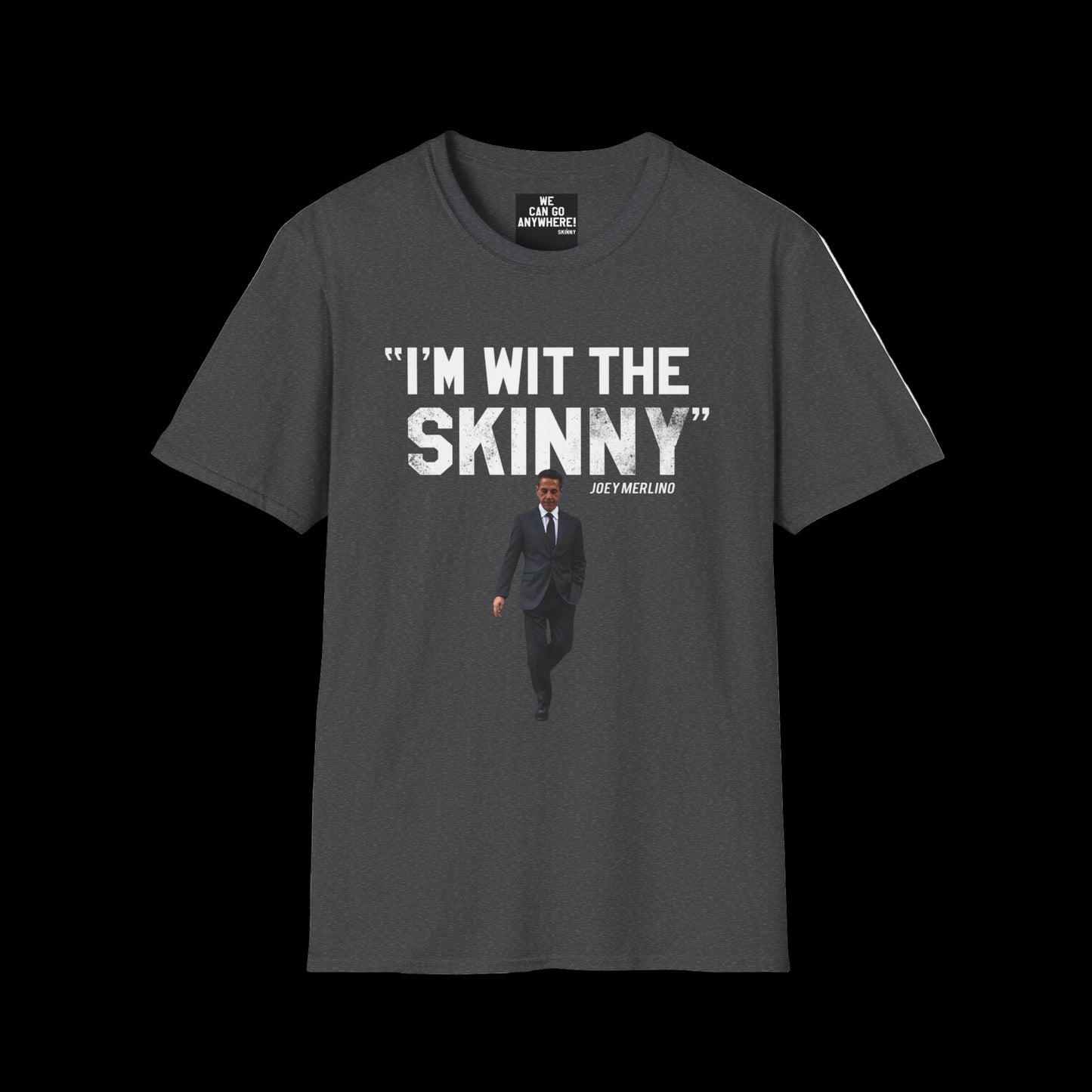 Gray t-shirt with a graphic and text on a white background