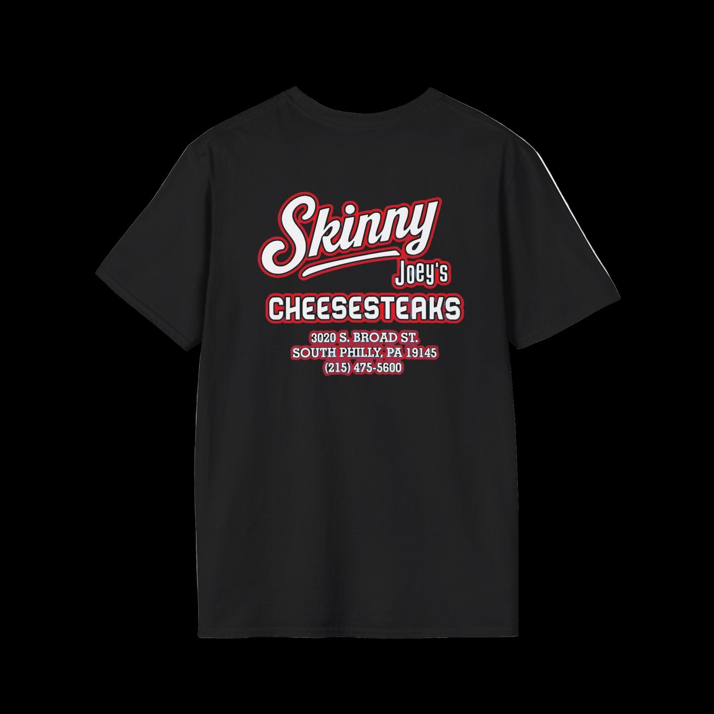 Black t-shirt with red and white text on a white background
