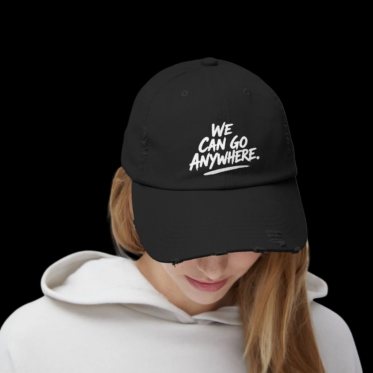 Distressed Baseball Cap - We Can Go Anywhere Embroidered Travel Hat - lifestyle photo - Skinny Joey's Cheesesteaks