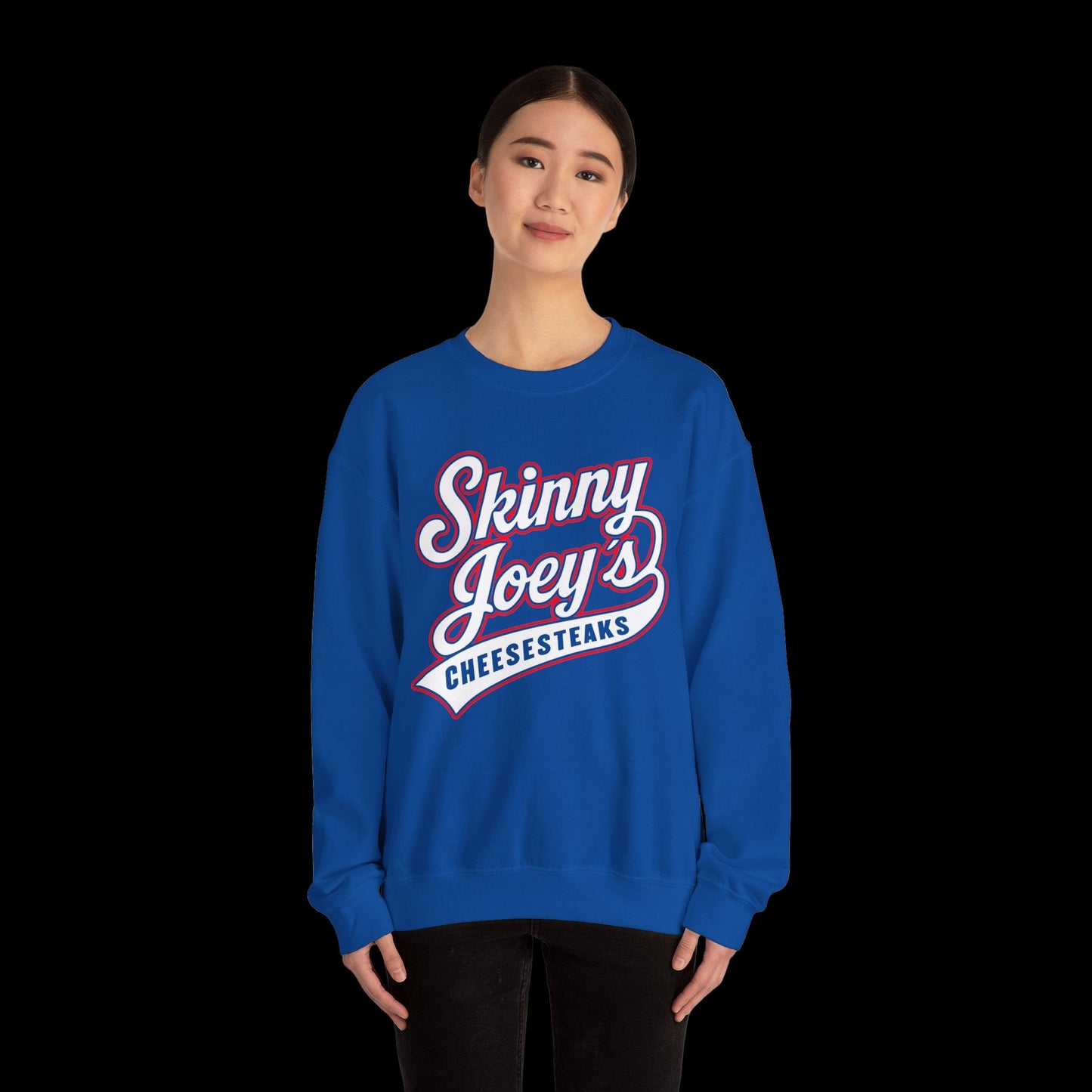 Person wearing a blue sweatshirt with 'Skinny Joey's Cheesesteaks' text on a white background