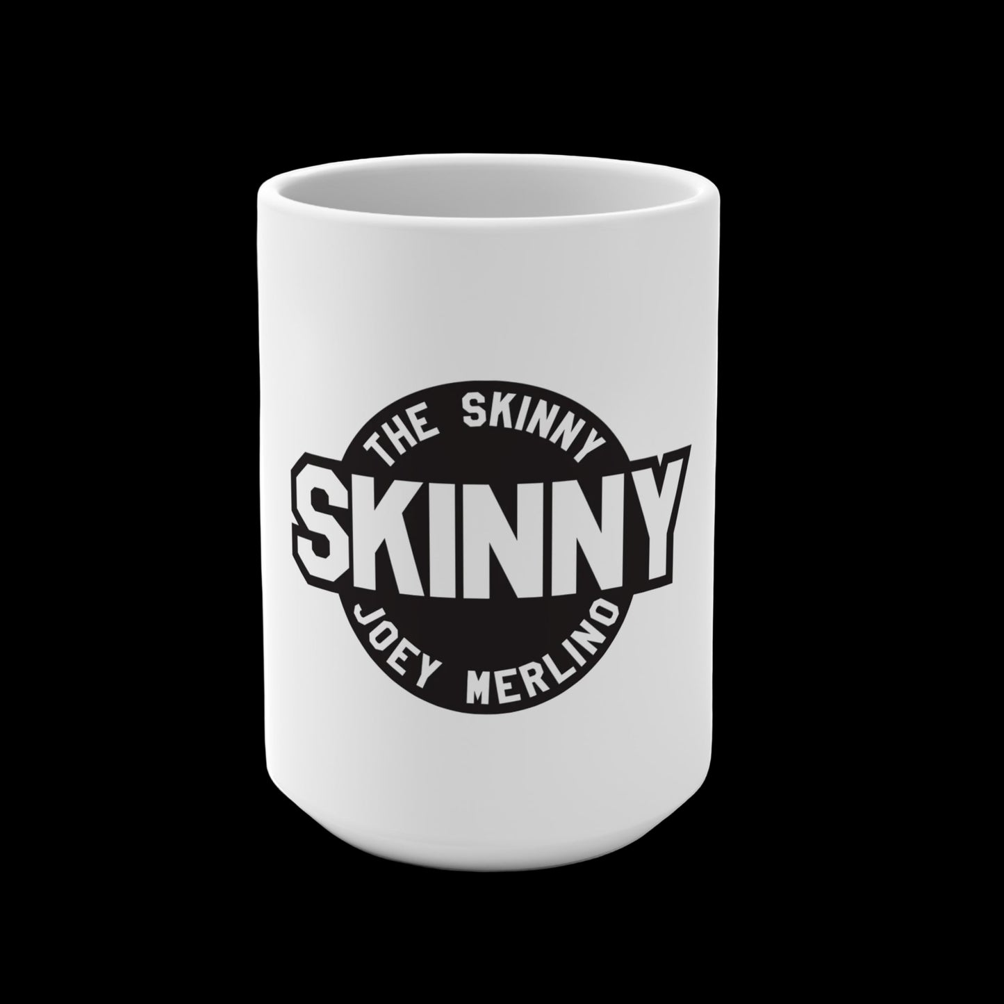 White mug with 'The Skinny' logo on a white background