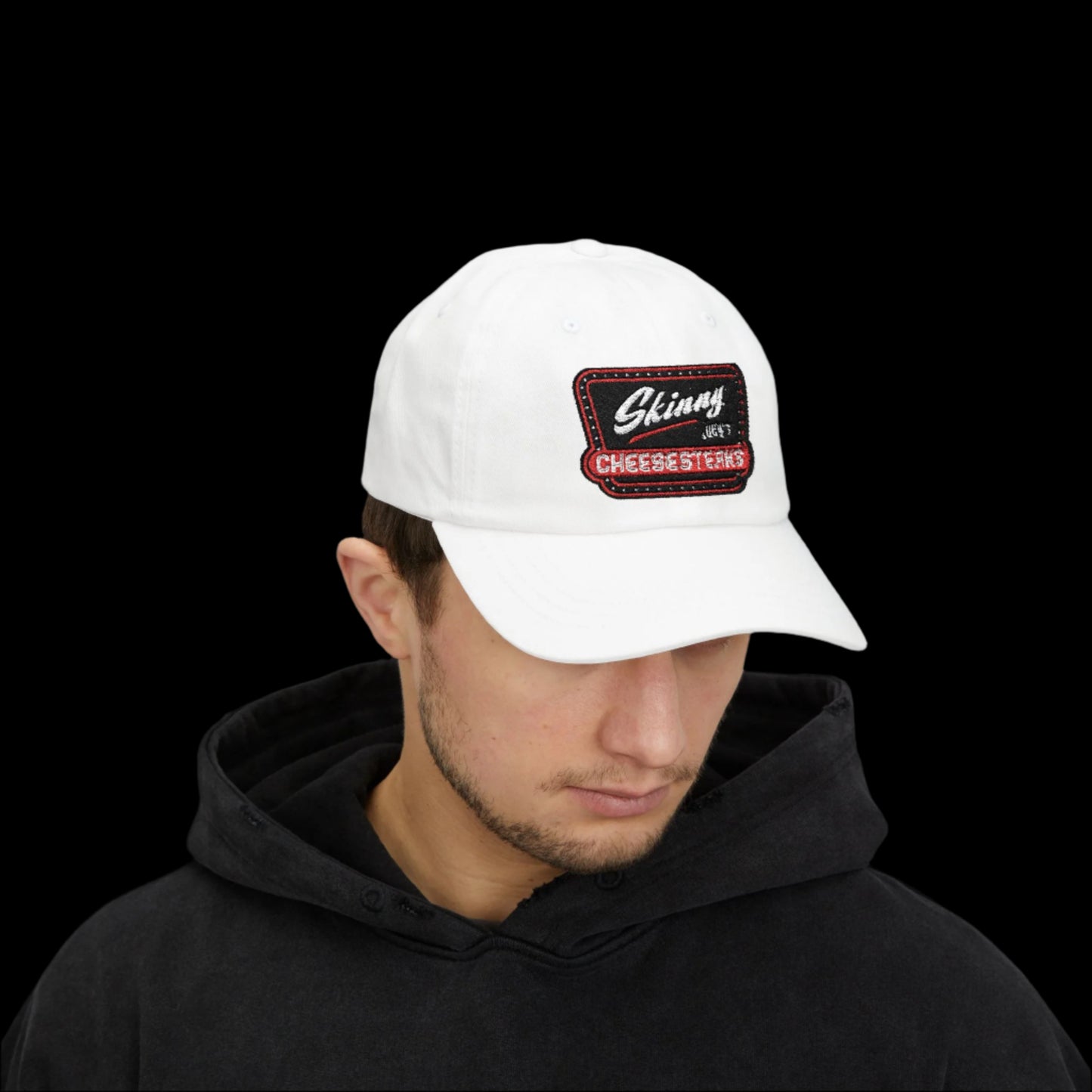 Skinny Joey Merlino hat, Skinny Joey merch, Joey Merlino hat, Philly cheesesteak hat, Skinny Joey’s Cheesesteaks streetwear, Joey Merlino apparel, The Skinny Podcast hat, mob-inspired fashion, South Philly cap, Skinny Joey red logo hat.