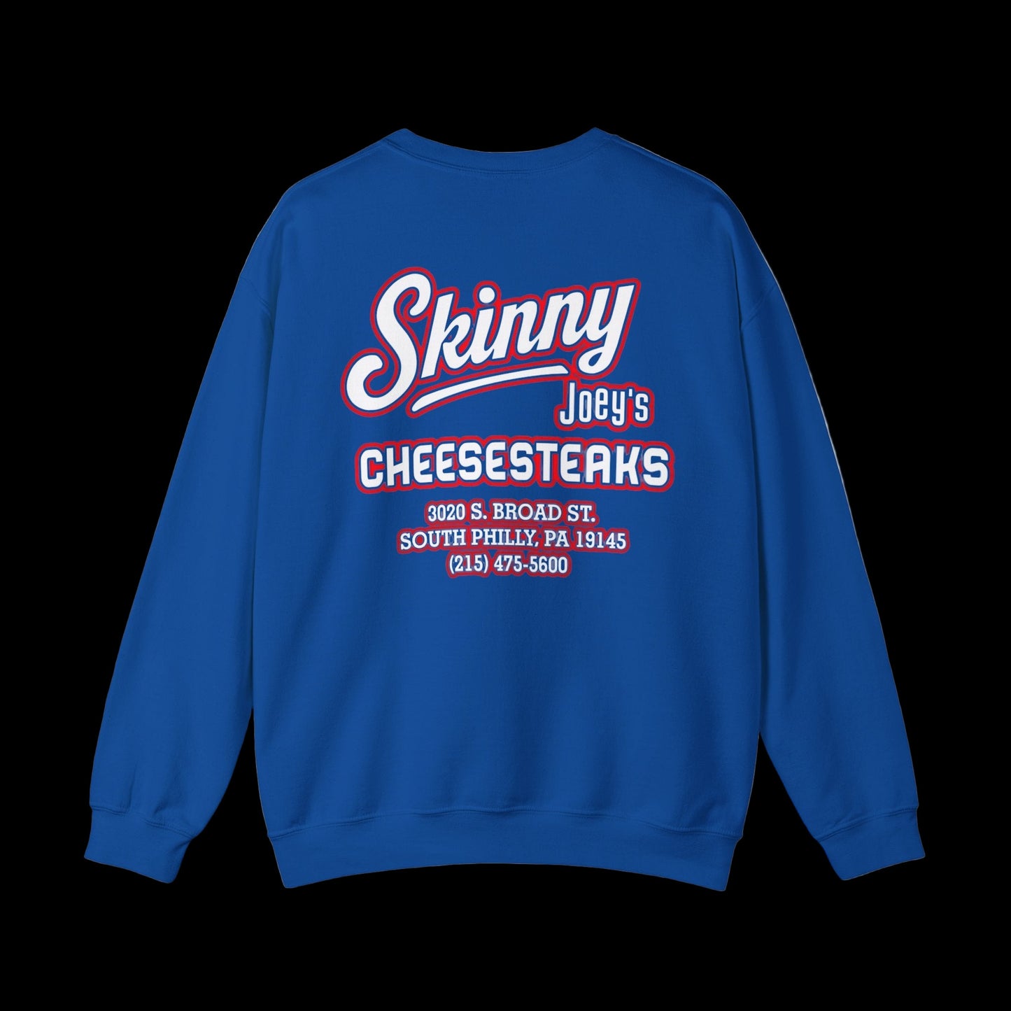 Blue sweatshirt with 'Skinny Joey's Cheesesteaks' text on a white background