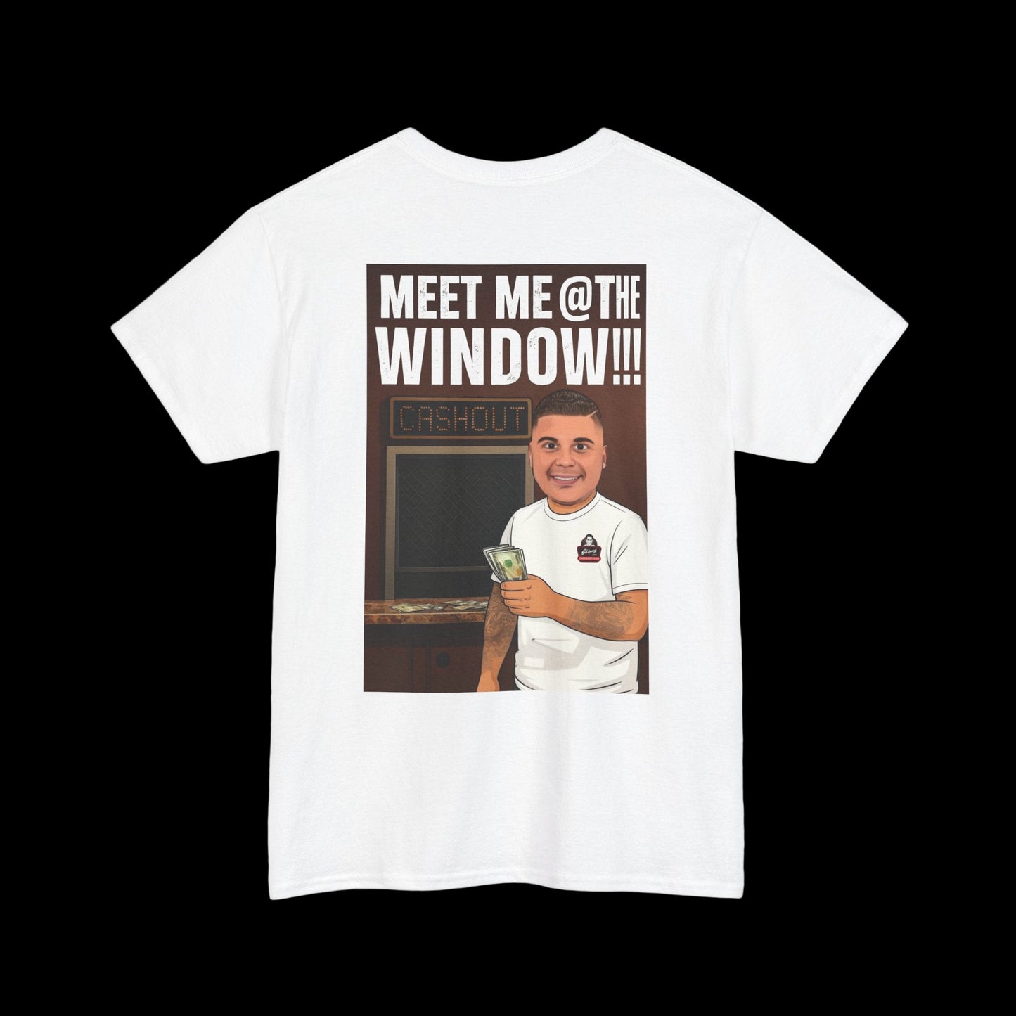 White t-shirt with graphic design and text 'Meet Me @ The Window!!!' on a white background