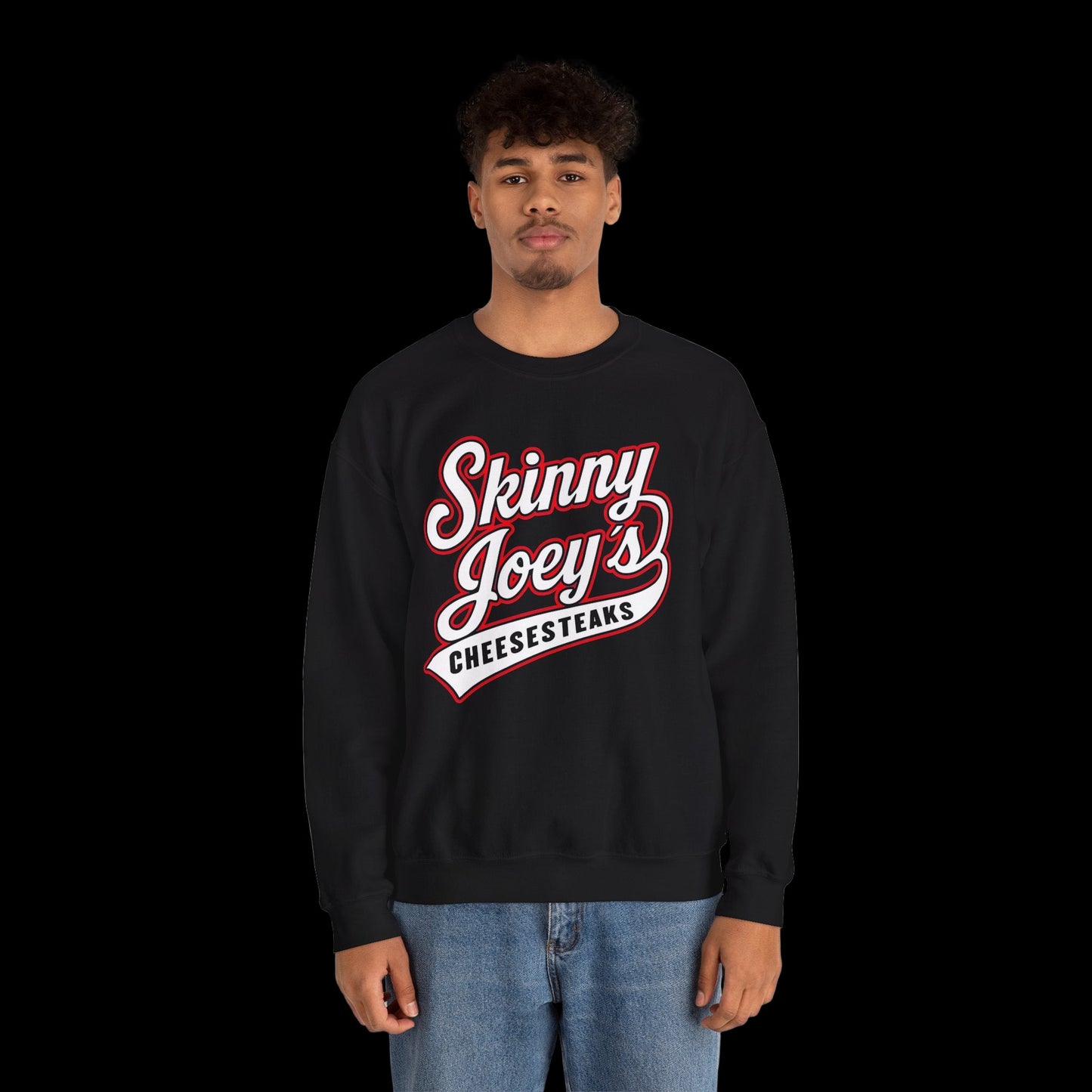 Person wearing a black sweatshirt with 'Skinny Joey's Cheesesteaks' text on a white background