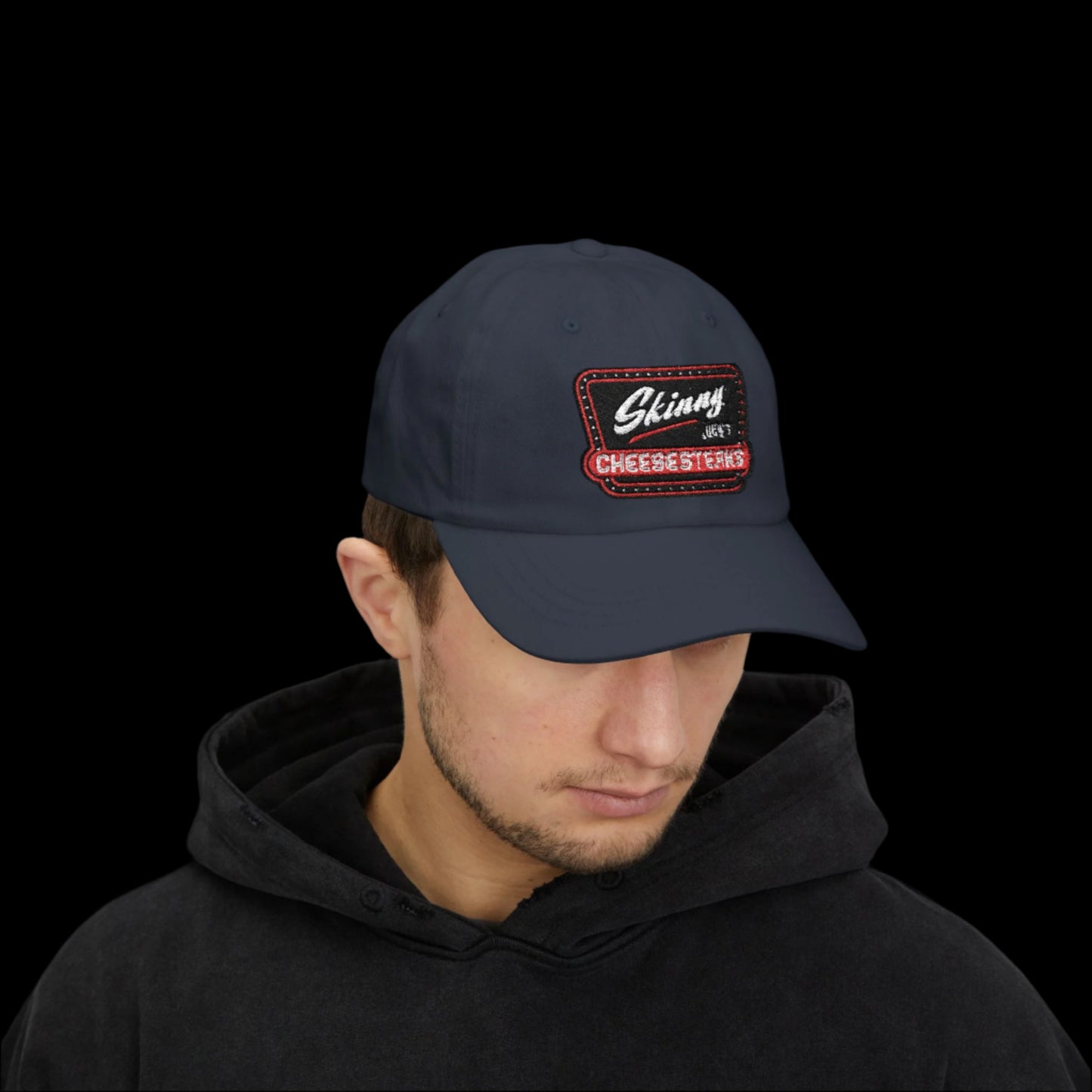 Skinny Joey Merlino hat, Skinny Joey merch, Joey Merlino hat, Philly cheesesteak hat, Skinny Joey’s Cheesesteaks streetwear, Joey Merlino apparel, The Skinny Podcast hat, mob-inspired fashion, South Philly cap, Skinny Joey red logo hat.