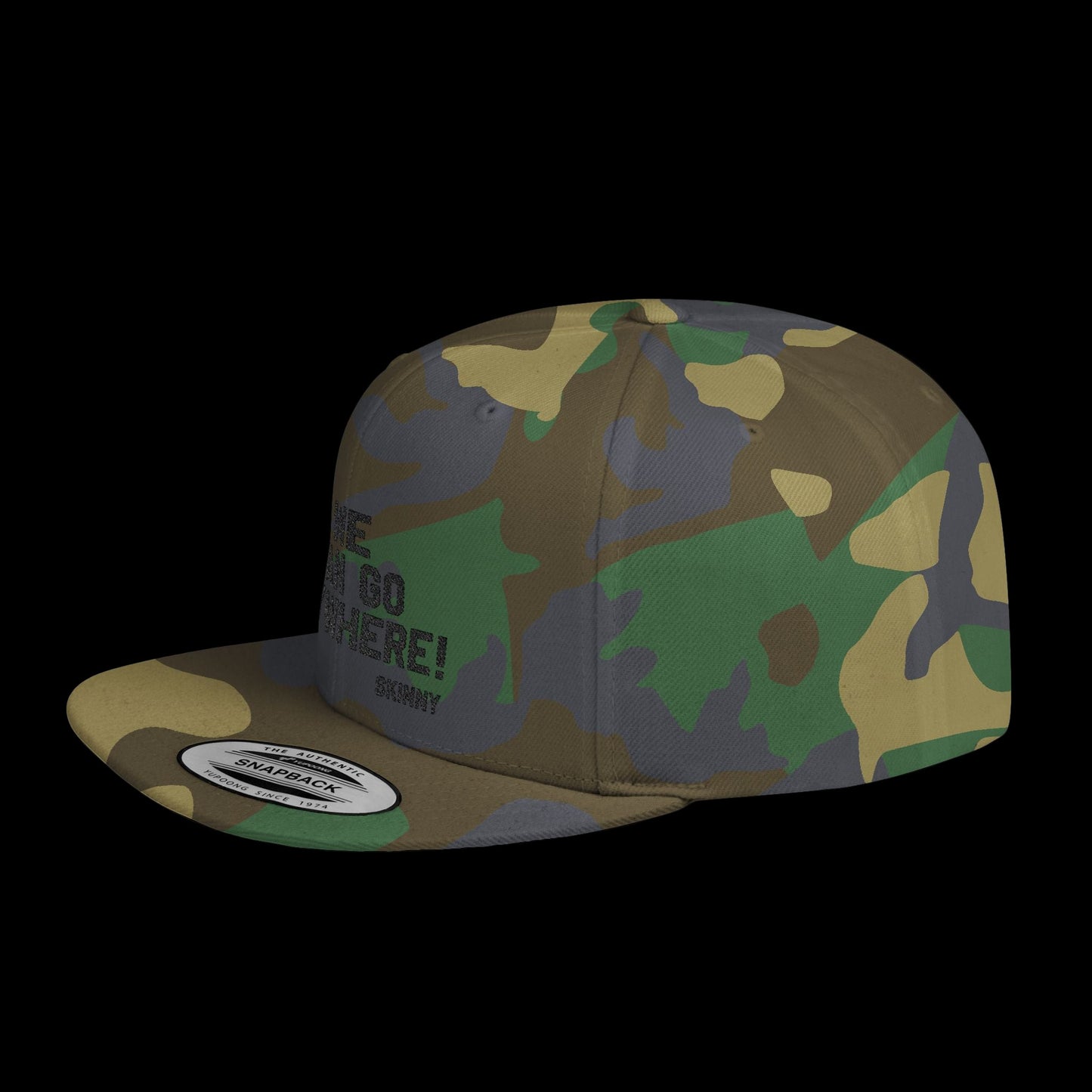 Camouflage cap with text on a black background