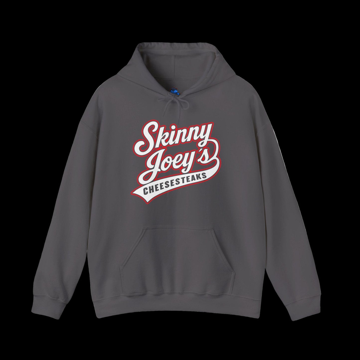 Gray hoodie with 'Skinny Joey's Cheesesteaks' text on a white background