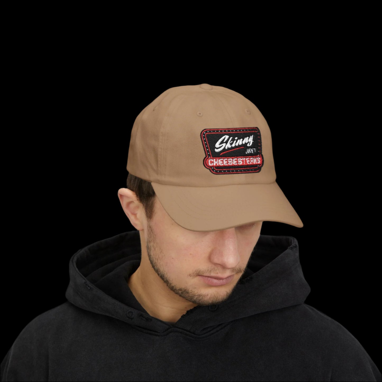 Skinny Joey Merlino hat, Skinny Joey merch, Joey Merlino hat, Philly cheesesteak hat, Skinny Joey’s Cheesesteaks streetwear, Joey Merlino apparel, The Skinny Podcast hat, mob-inspired fashion, South Philly cap, Skinny Joey red logo hat.