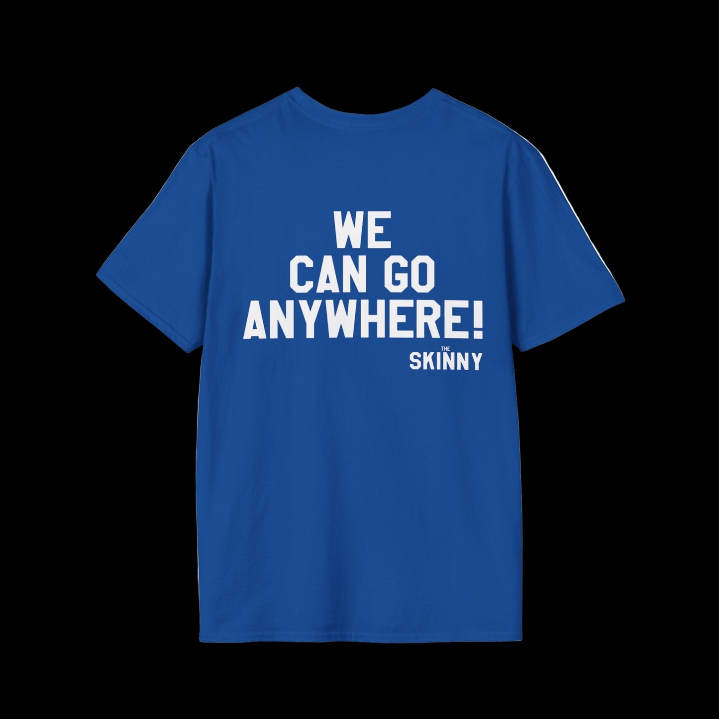 Blue t-shirt with white text on a white background