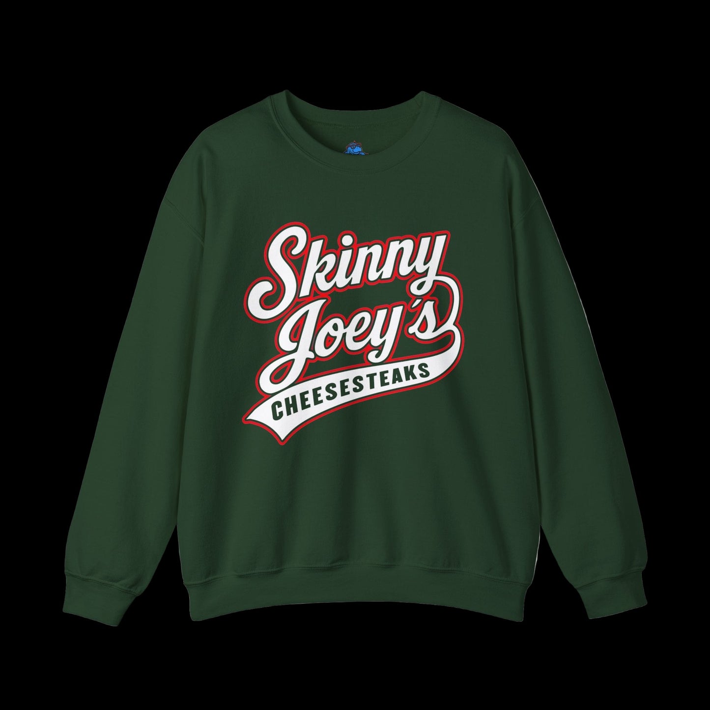 Green sweatshirt with 'Skinny Joey's Cheesesteaks' text on a white background