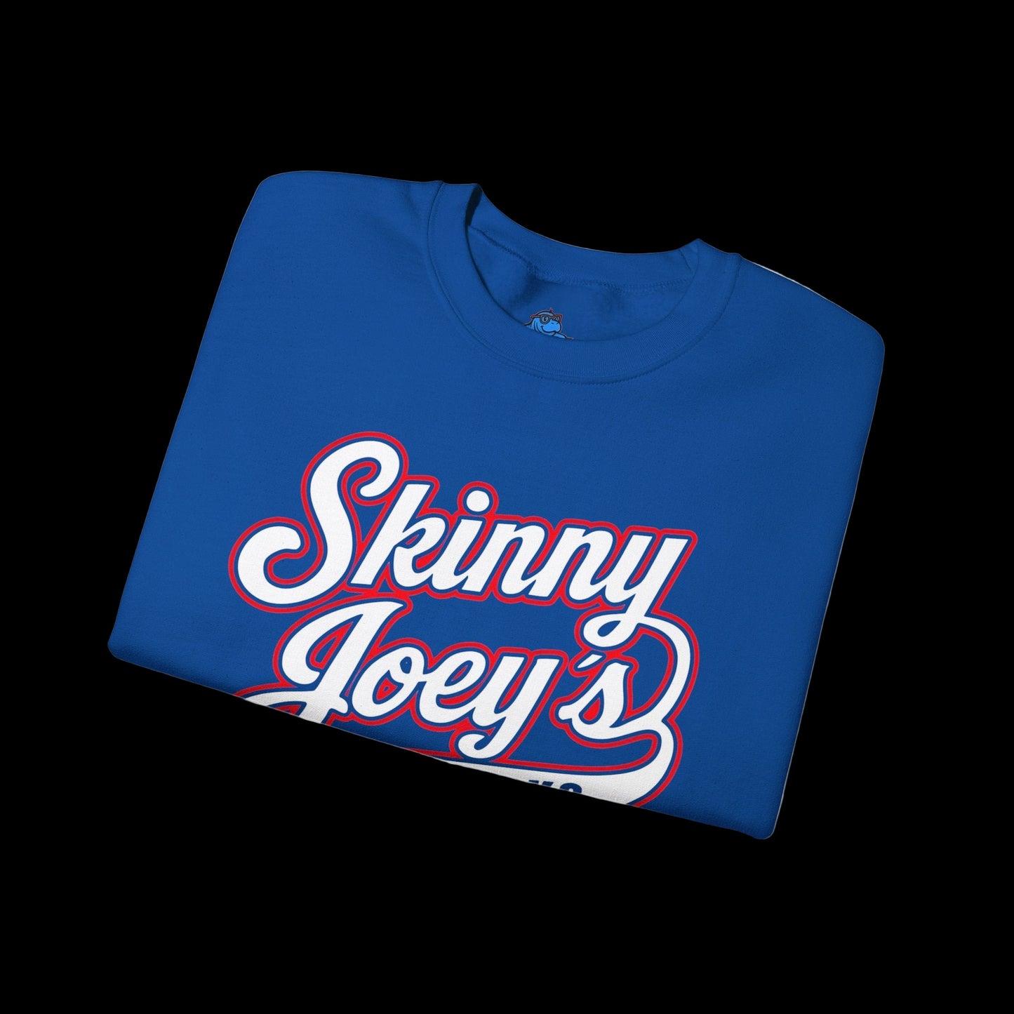 Folded blue t-shirt with 'Skinny Joey's' text on a white background