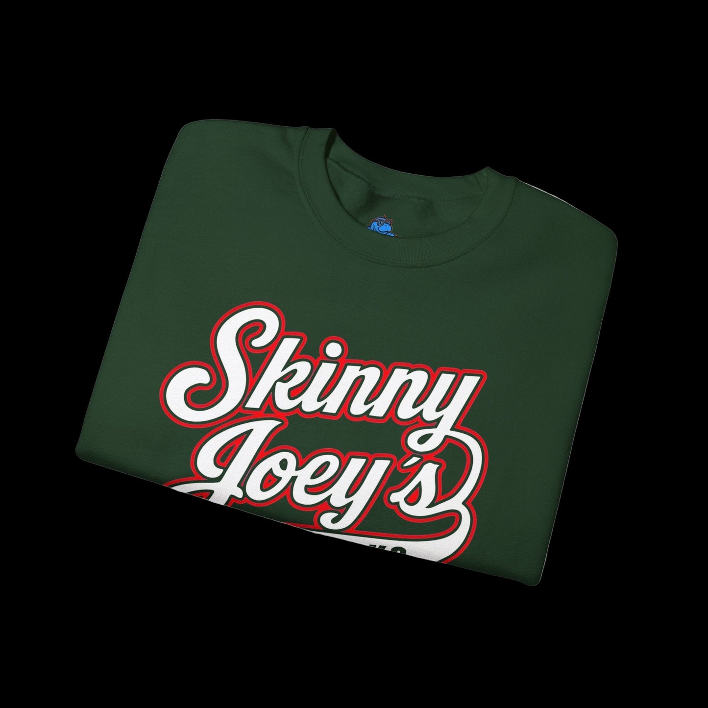 Folded green t-shirt with 'Skinny Joey's' text on a white background