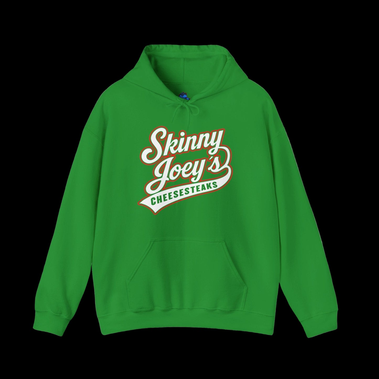 Green hoodie with 'Skinny Joey's Cheesesteaks' text on a white background