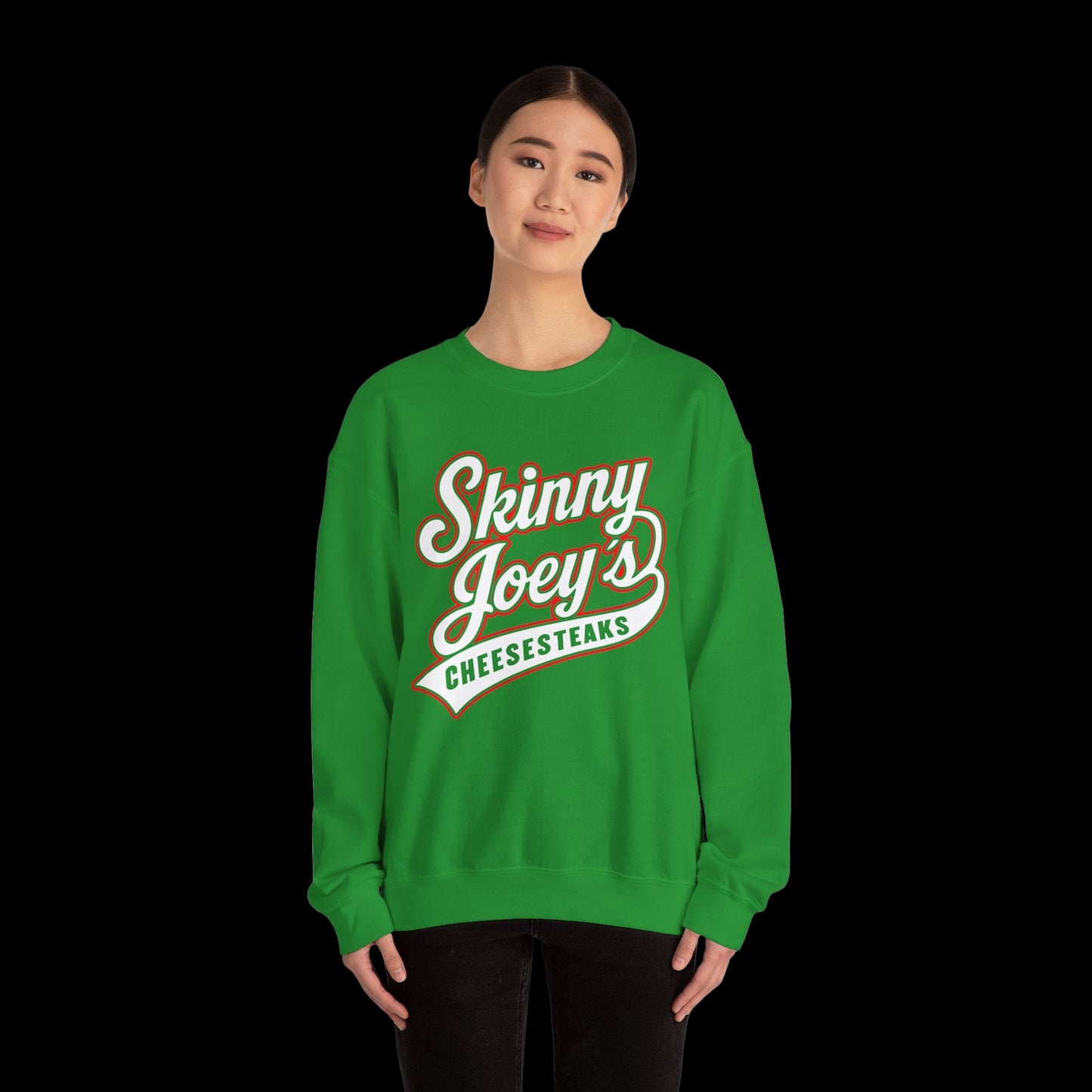 Person wearing a green sweatshirt with 'Skinny Joey's Cheesesteaks' text on a white background