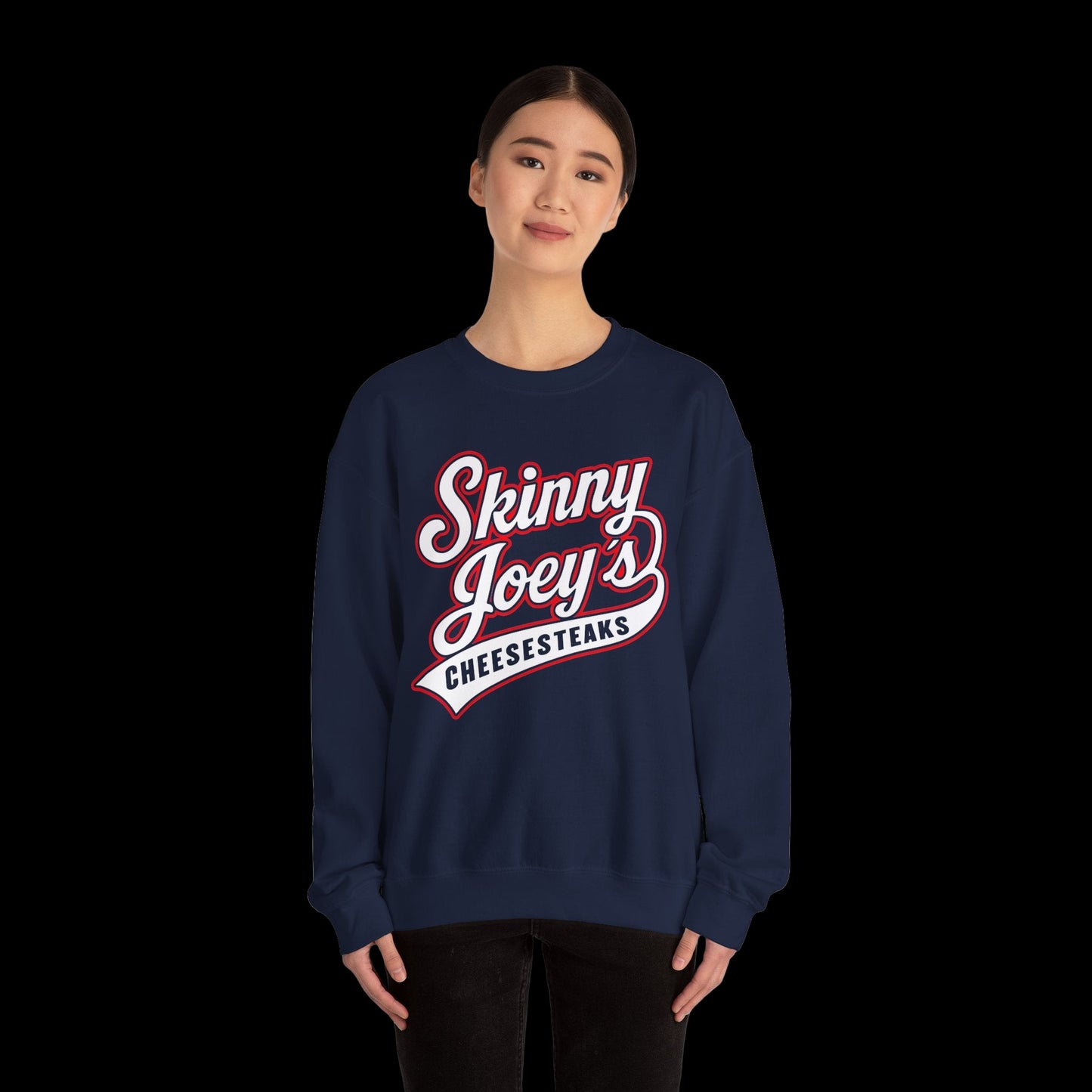 Person wearing a navy blue sweatshirt with 'Skinny Joey's Cheesesteaks' text on a white background