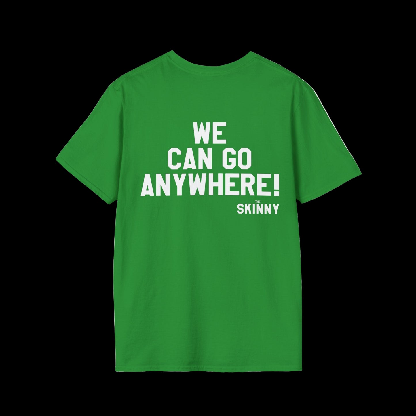 Green t-shirt with white text on a white background