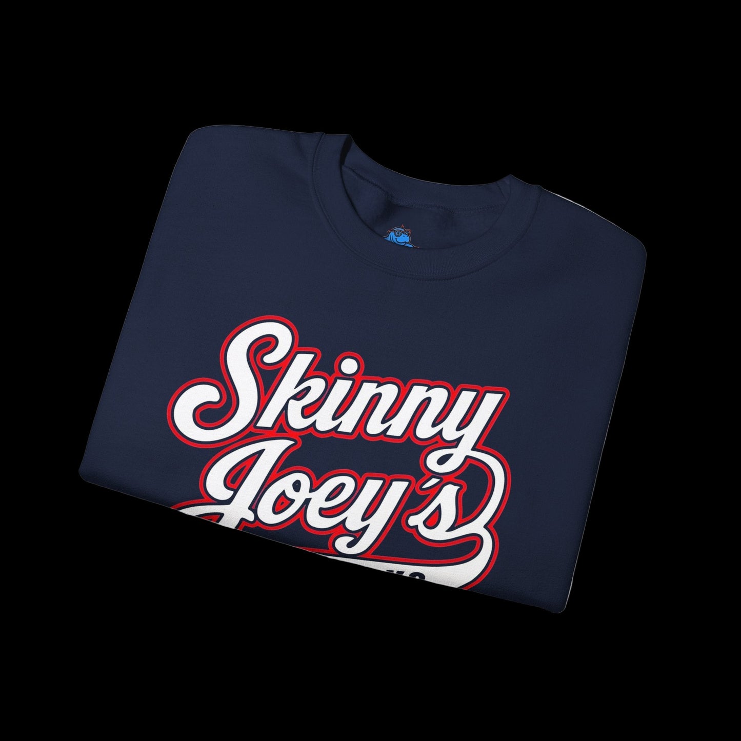Folded navy blue t-shirt with 'Skinny Joey's' text in red and white on a white background