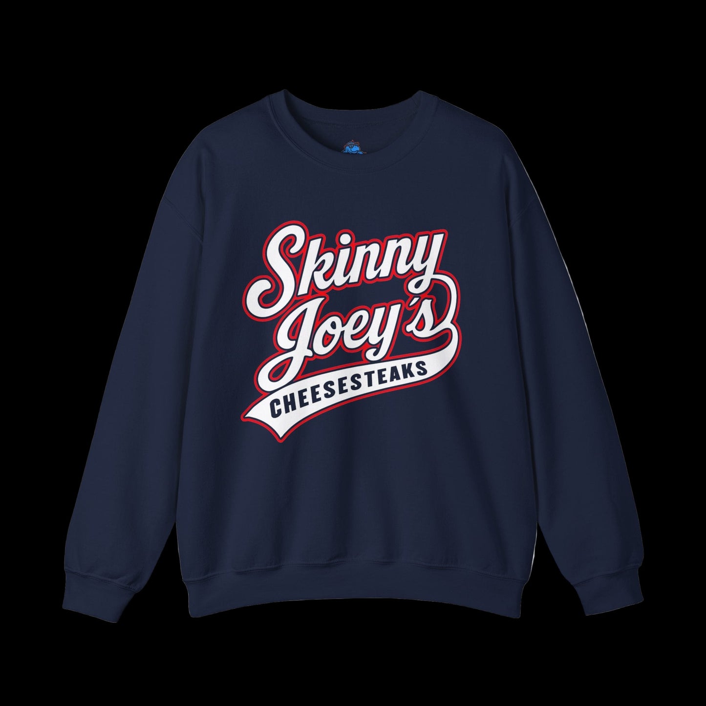 Navy blue sweatshirt with 'Skinny Joey's Cheesesteaks' text on a white background