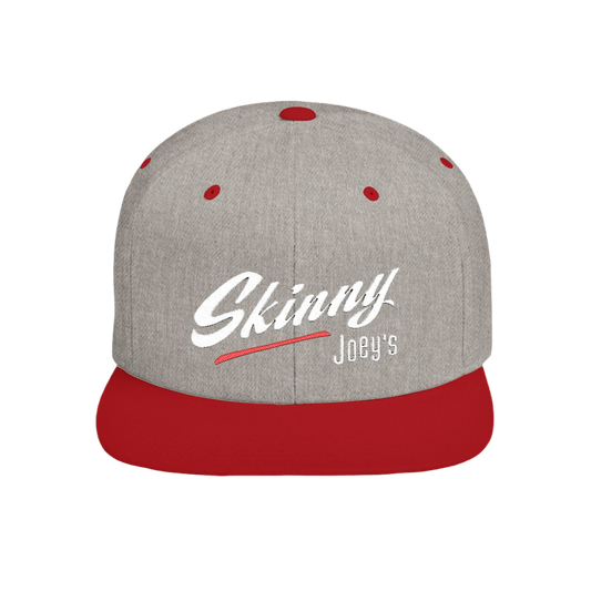 Gray and red cap with 'Skinny Joey's' text on a white background.Skinny Joey Merlino branded black baseball cap with embroidered logo – signature merch from the famous cheesesteak spot in Philly