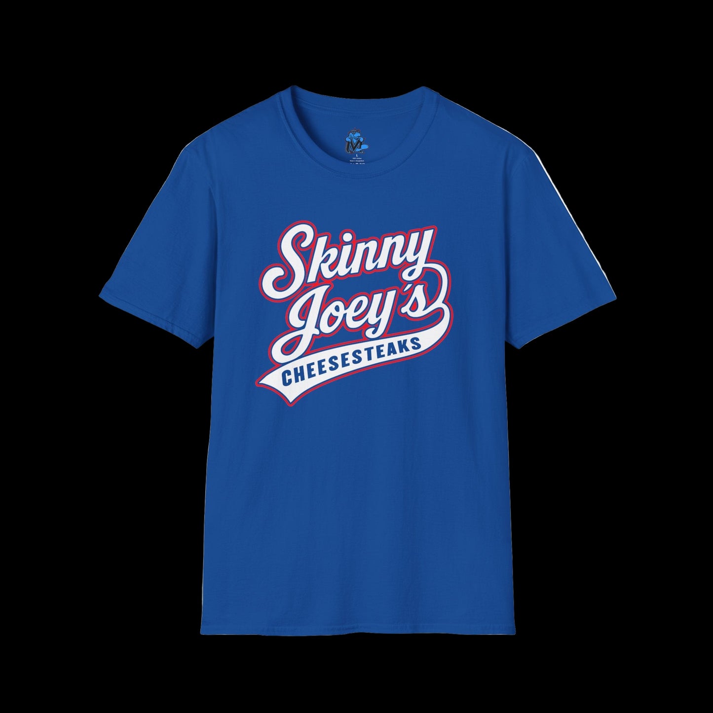 Blue t-shirt with 'Skinny Joey's Cheesesteaks' text on a white background