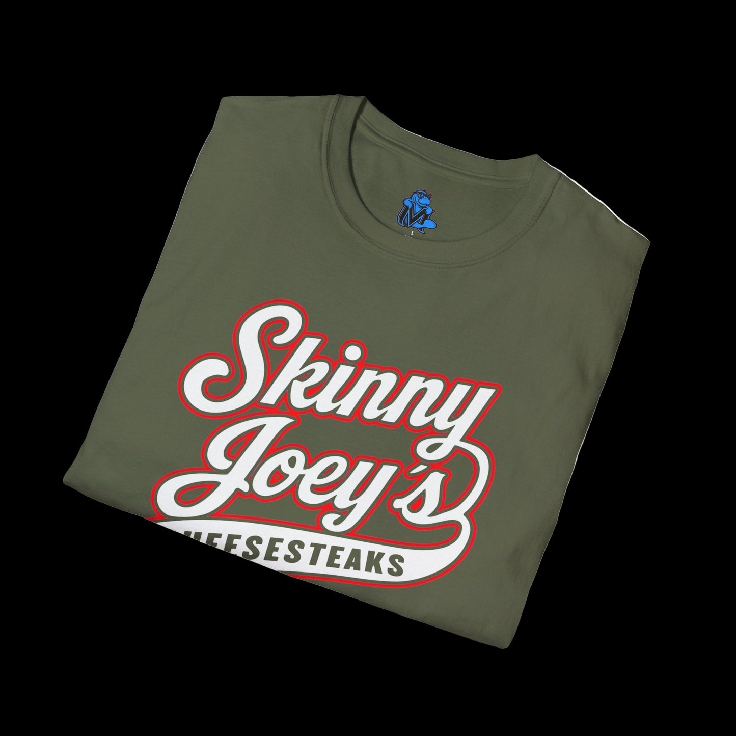 Folded green t-shirt with 'Skinny Joey's Cheesesteaks' text on a white background