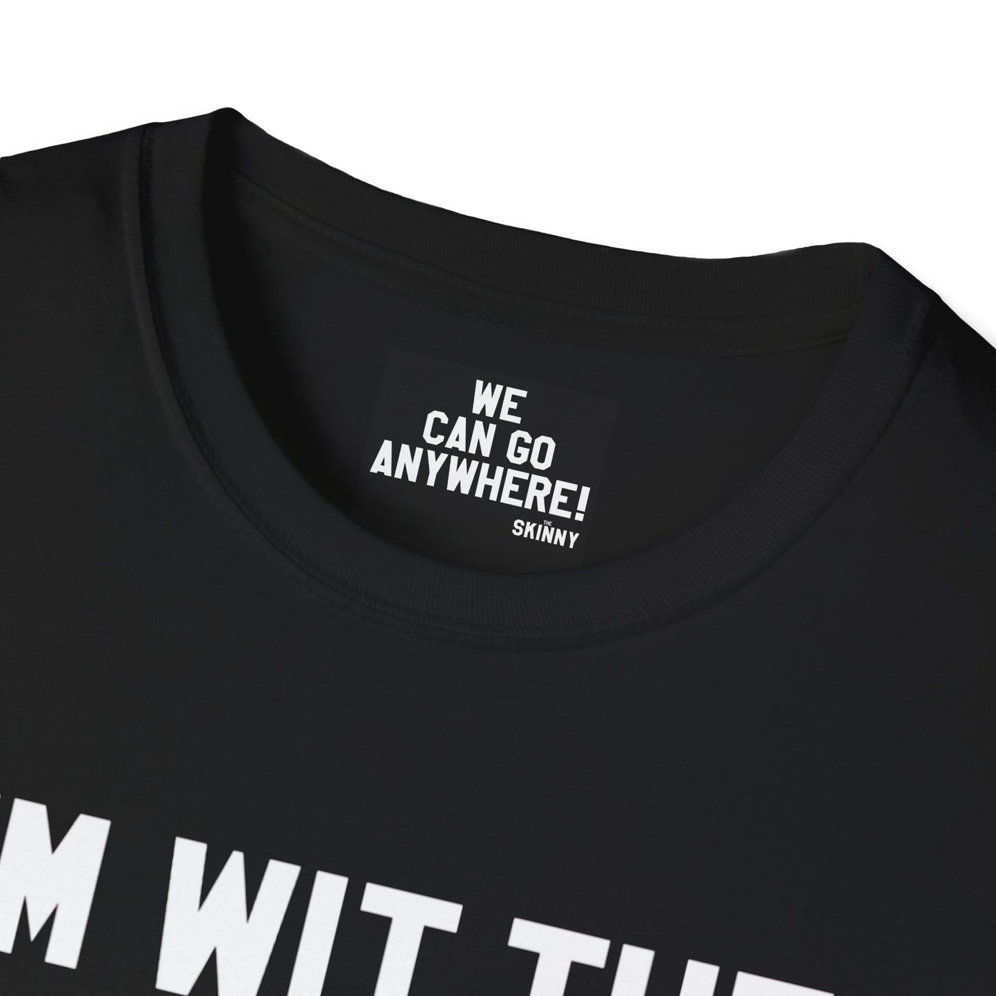 Black t-shirt with white text on a white background