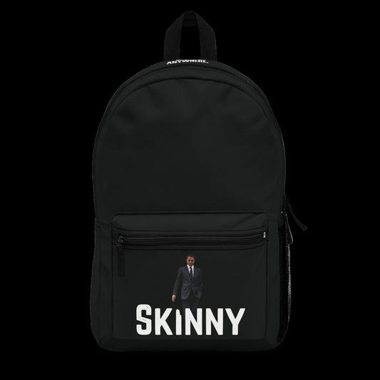 Black backpack with a person in a suit and 'SKINNY' text on a white background