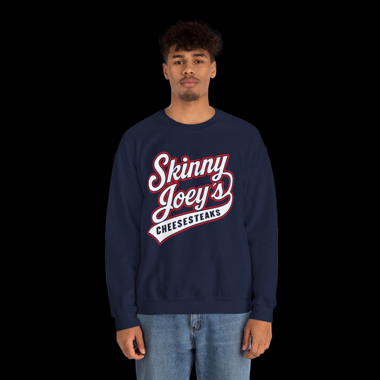 Person wearing a navy sweatshirt with 'Skinny Joey's Cheesesteaks' text on a white background