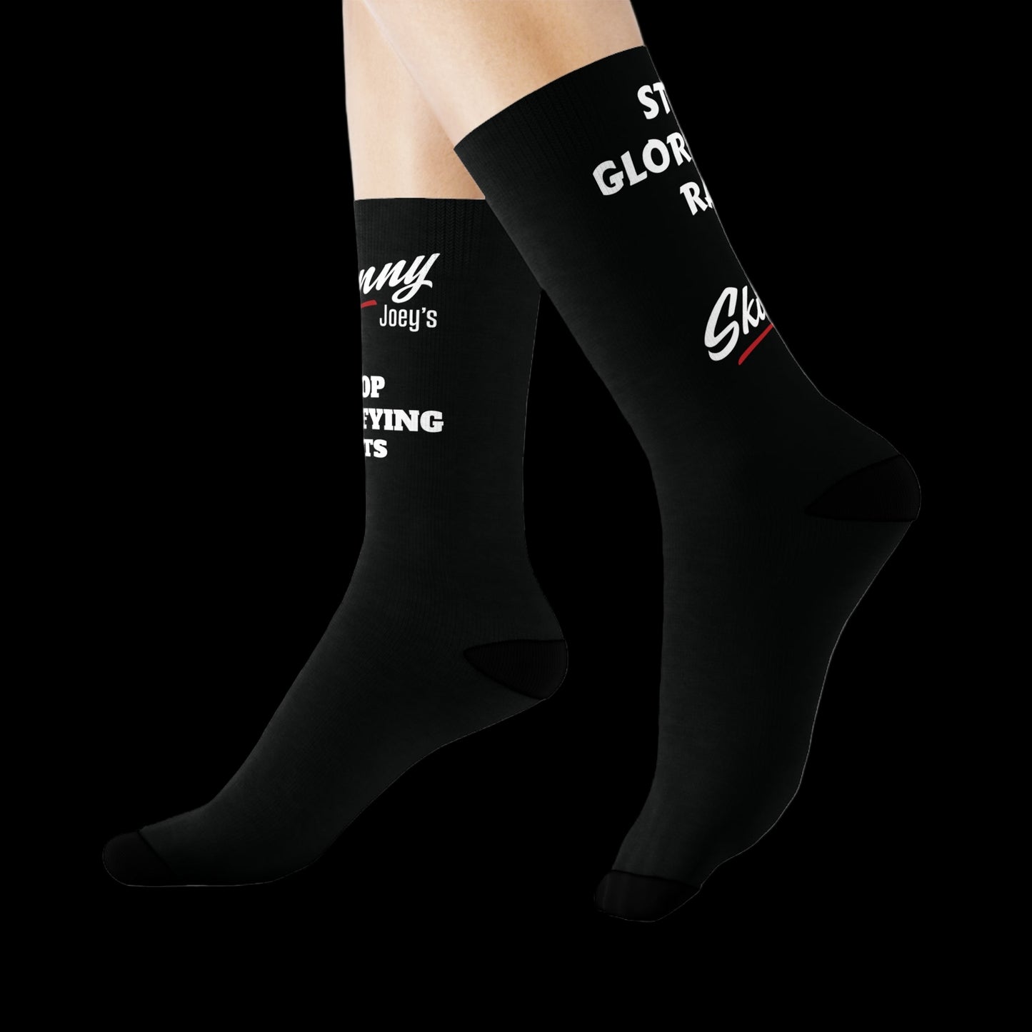 Black socks with white text worn by a person on a white background