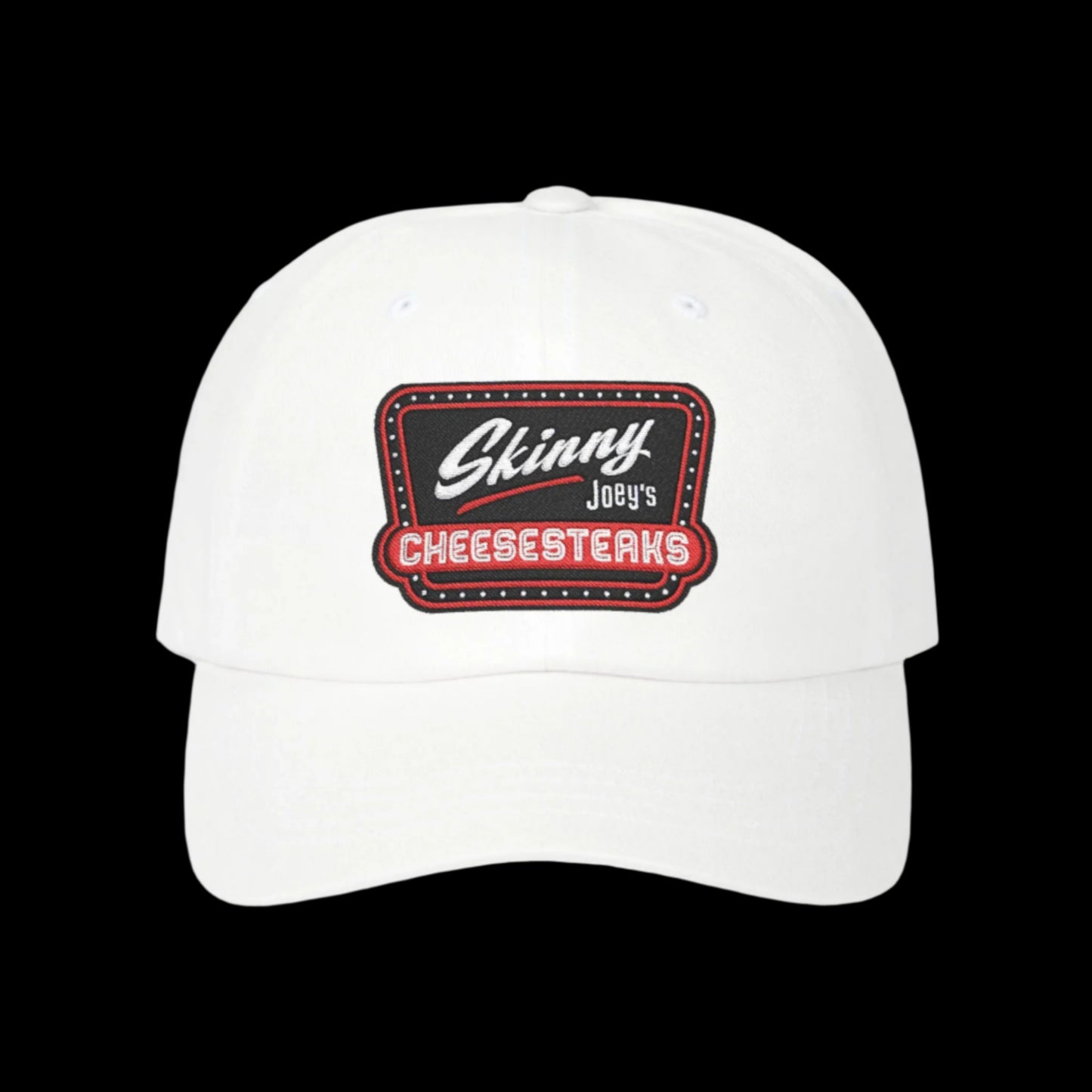 White cap with 'Skinny Joey's Cheesesteaks' logo on a black background. Skinny Joey Merlino hat, Skinny Joey merch, Joey Merlino hat, Philly cheesesteak hat, Skinny Joey’s Cheesesteaks streetwear, Joey Merlino apparel, The Skinny Podcast hat, mob-inspired fashion, South Philly cap, Skinny Joey red logo hat.