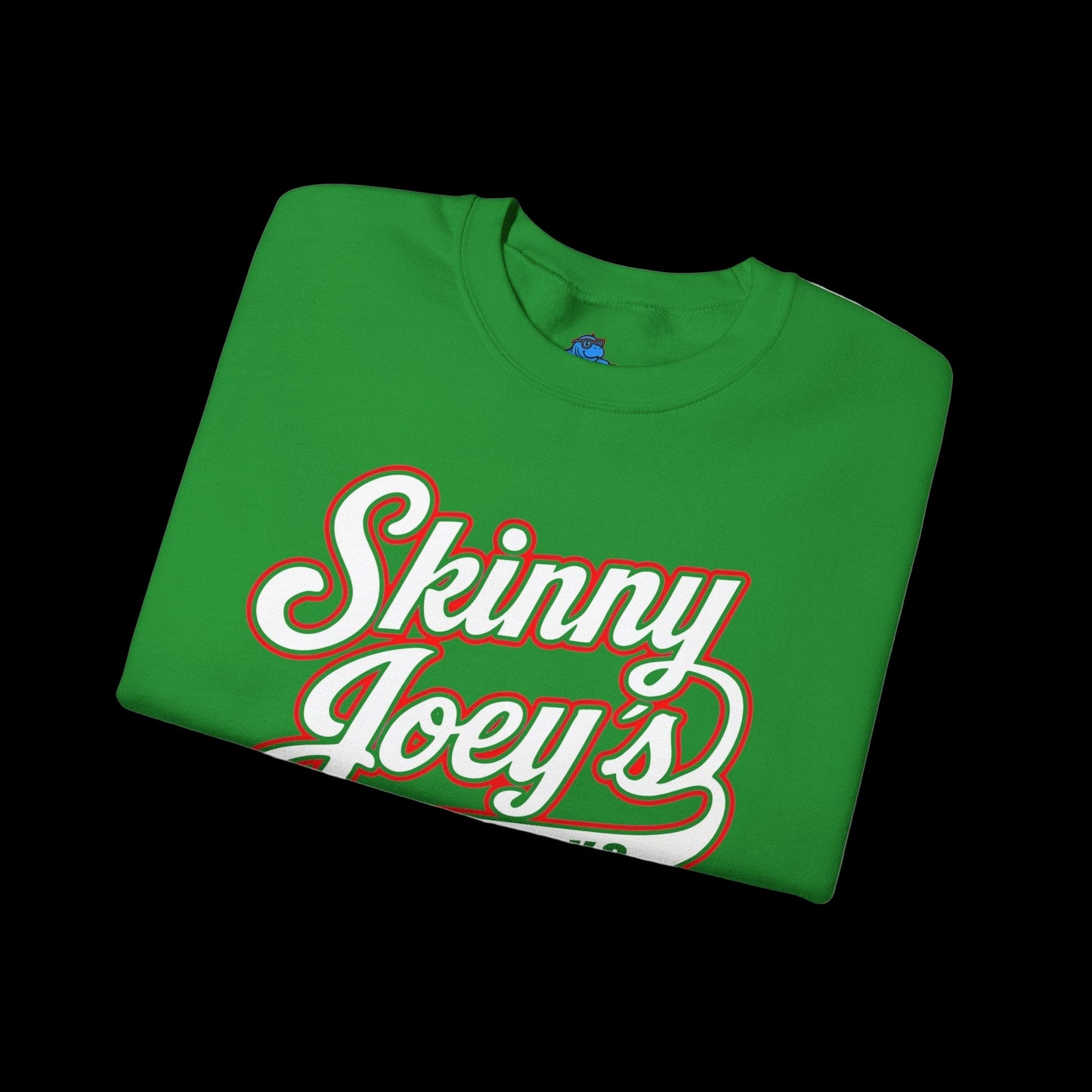 Green t-shirt with 'Skinny Joey's' text on a white background