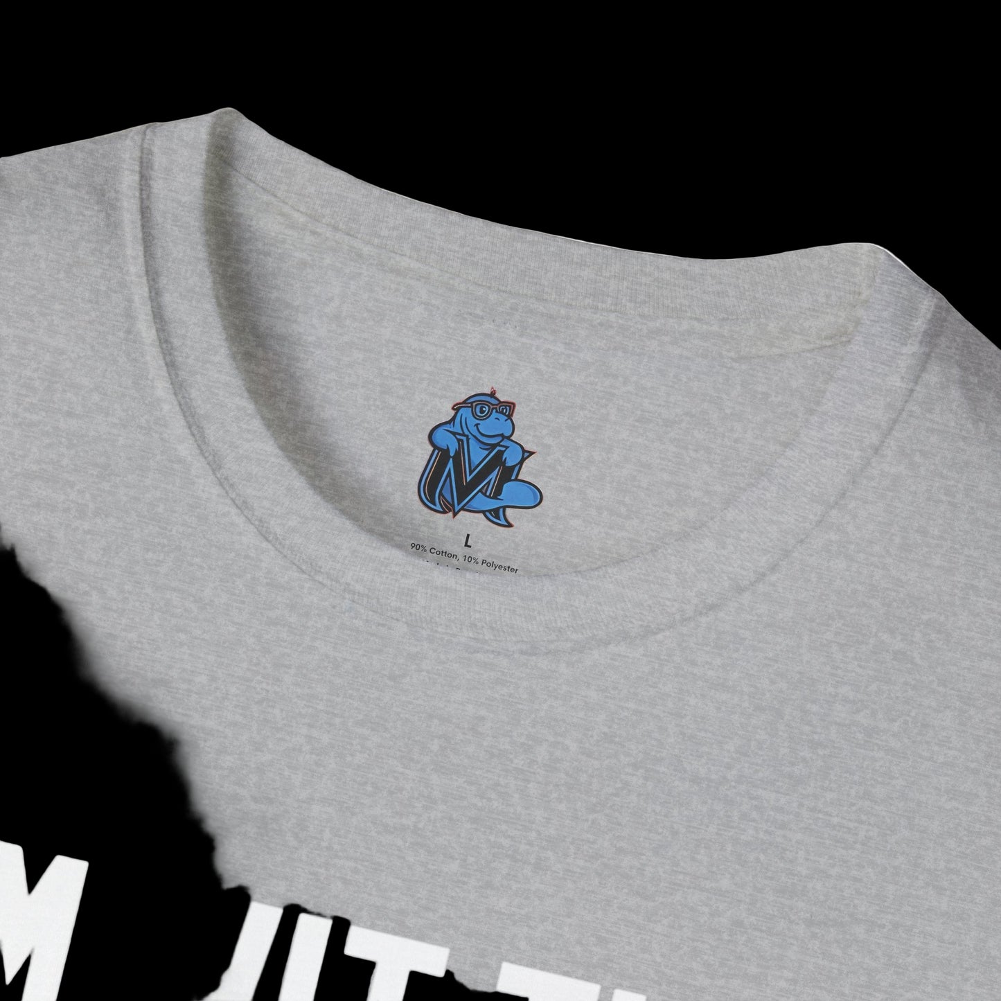 Gray t-shirt with a blue logo on the collar area