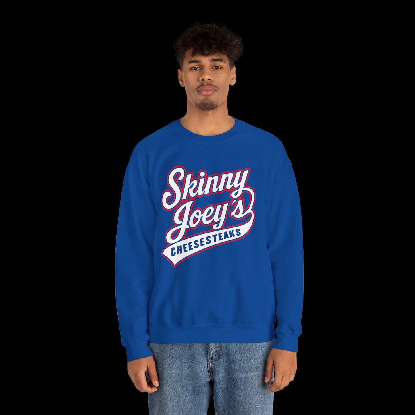 Person wearing a blue sweatshirt with 'Skinny Joey's Cheesesteaks' text on a white background
